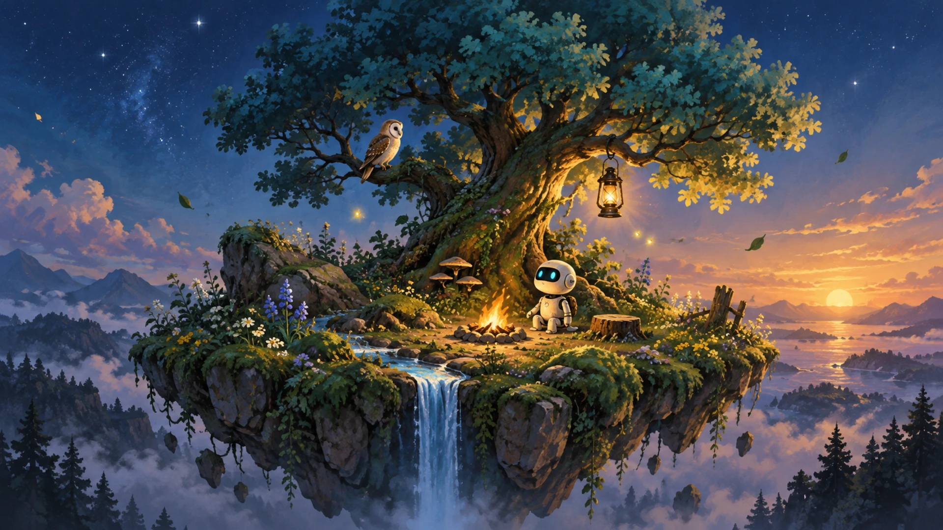 Artwork di Little Wild: Cody vicino a un falò su un giardino sospeso al crepuscolo