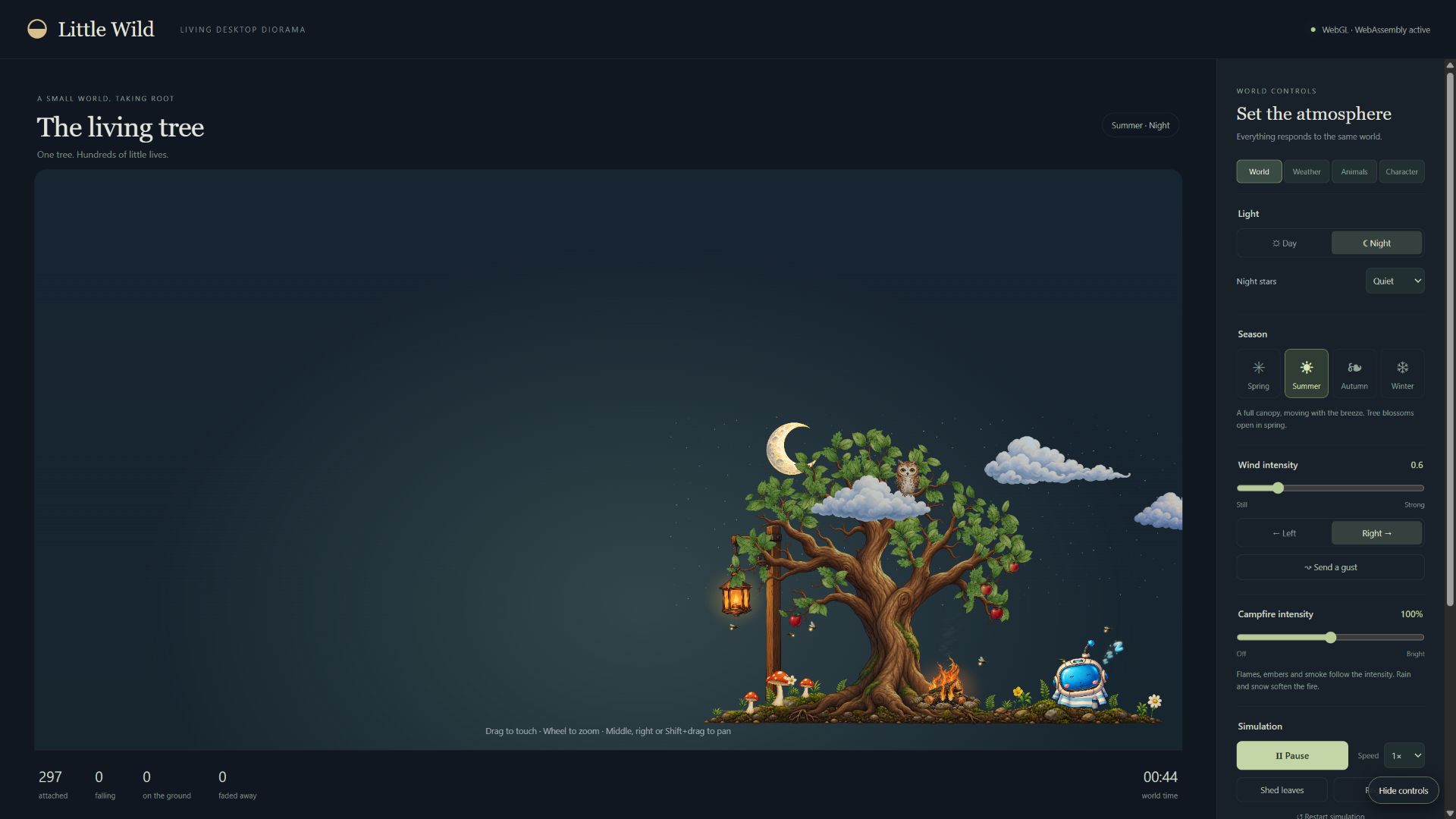 Controlli nel browser di Little Wild con il giardino, Cody e le impostazioni di stagione e luce