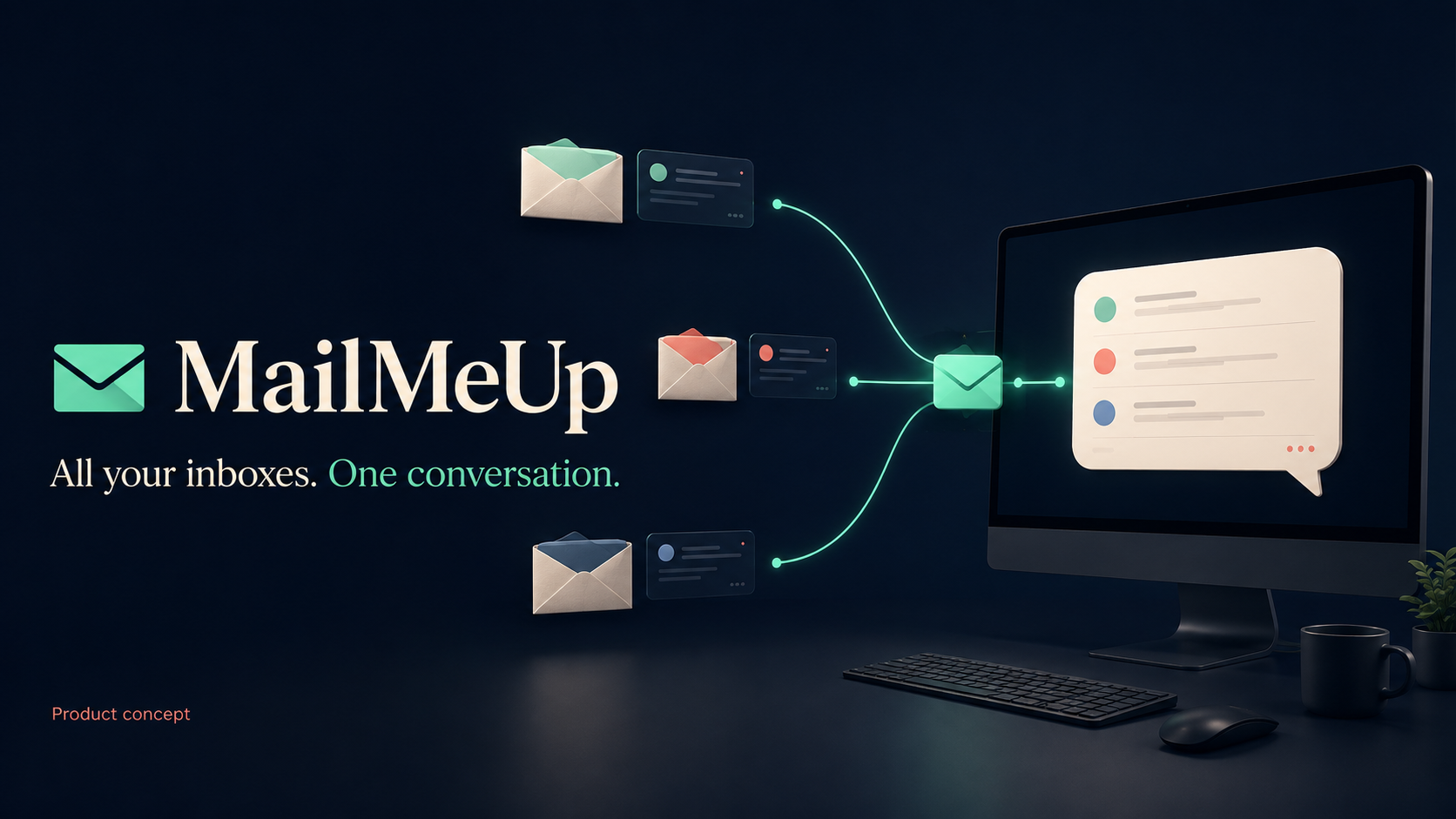 MailMeUp Desktop concept artwork: several inboxes converge into one conversation