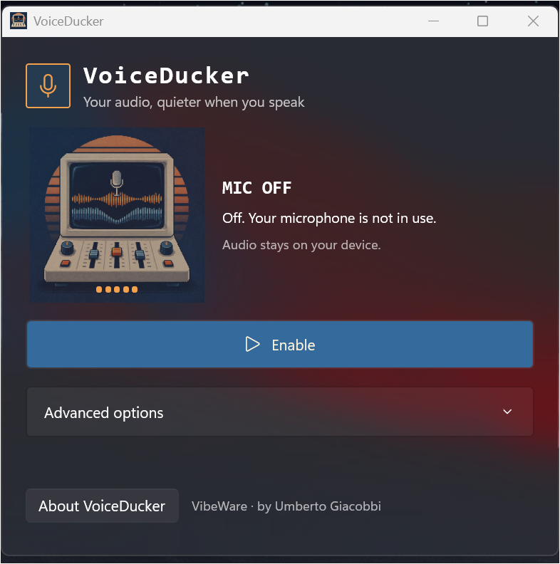 VoiceDucker window with the microphone off, Enable button and advanced options collapsed